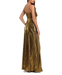 Thin Strap Pleated Metallic Gown with 3D Flower