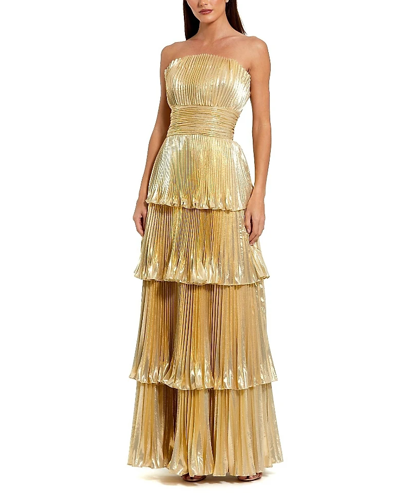 Mac Duggal Strapless Pleated Metallic Layered High Low Gown