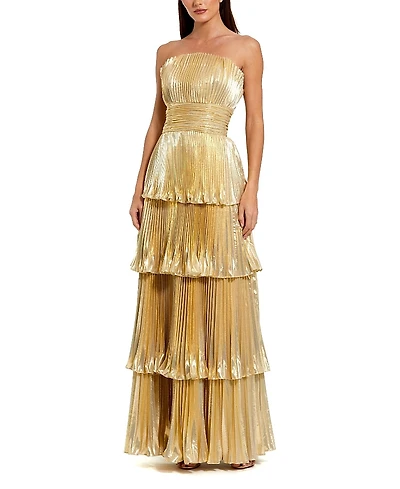 Mac Duggal Strapless Pleated Metallic Layered High Low Gown