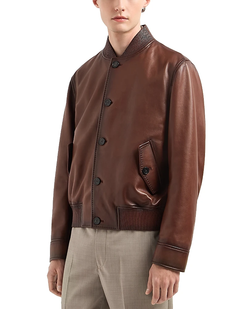 Emporio Armani Regular Fit Button Front Leather Bomber Jacket