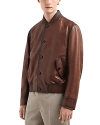 Emporio Armani Regular Fit Button Front Leather Bomber Jacket