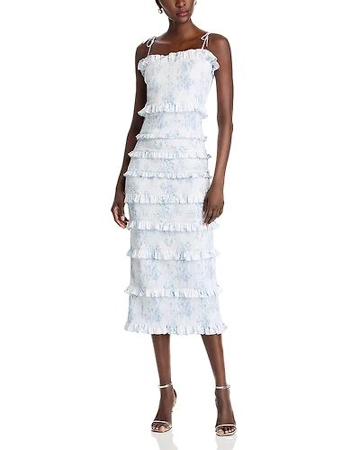 V. Chapman Lily Smocked Floral Print Ruffle Trim Midi Dress