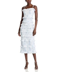 V. Chapman Lily Smocked Floral Print Ruffle Trim Midi Dress