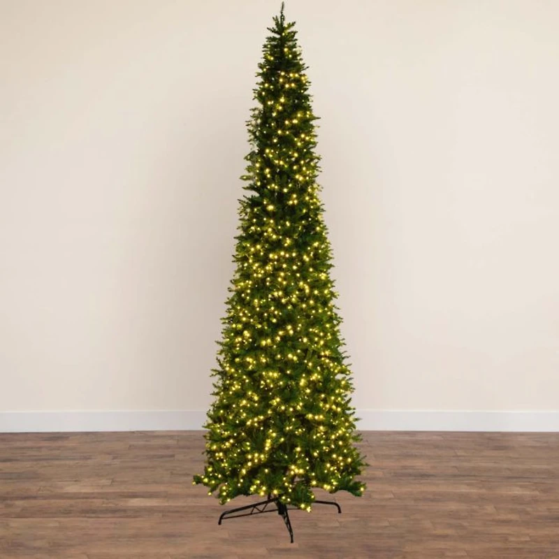 14' Artificial Slim Green Mountain Pine Christmas Tree with 1600 Warm White LED Lights and 4660 Branches