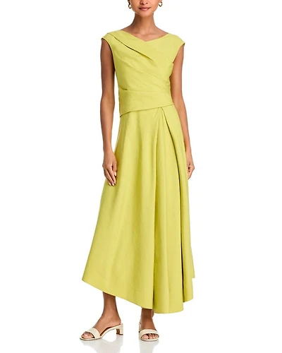 Silk Linen Drape Front Asymmetric Dress