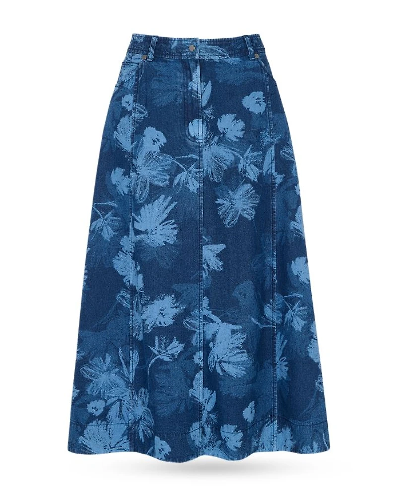Chalk Print Denim Midi Skirt