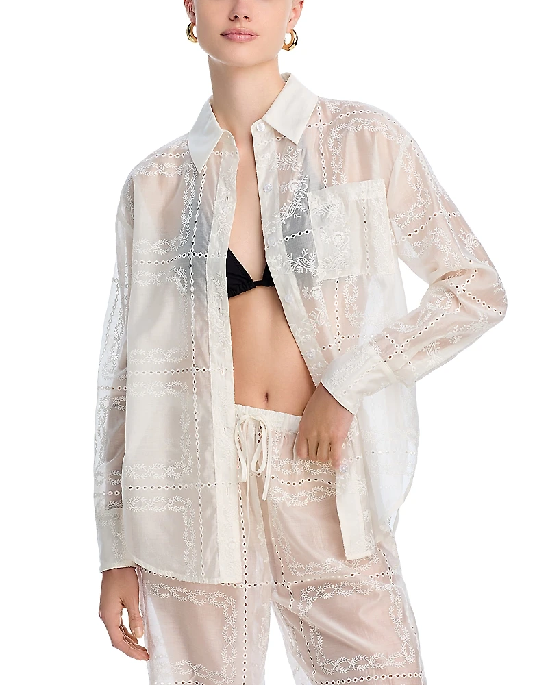 Aqua Embroidered Swim Cover-Up Shirt- Exclusive