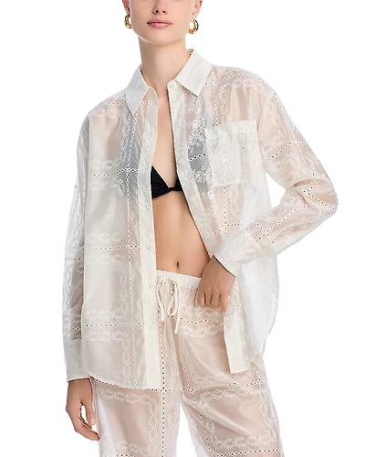 Aqua Embroidered Swim Cover-Up Shirt- Exclusive