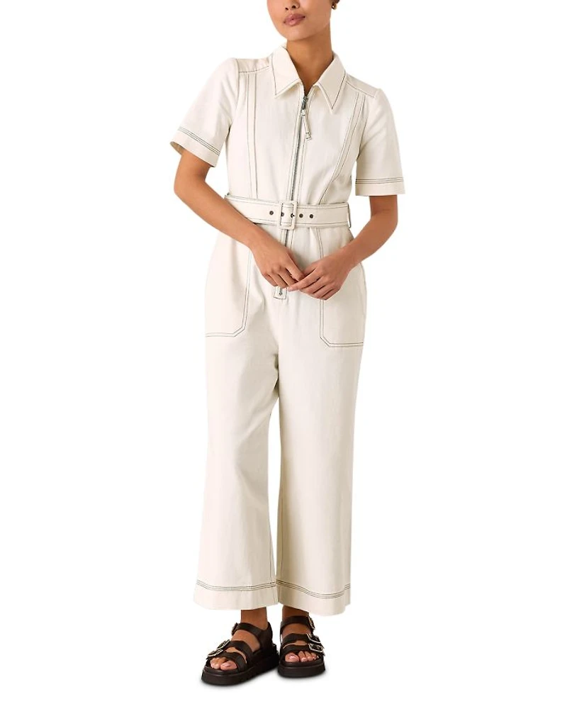 Petite Denim Pintuck Belted Jumpsuit