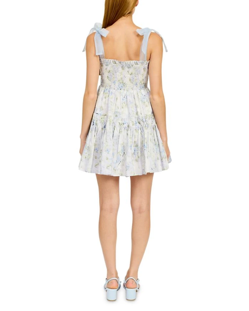 Smocked Contrast Organza Tie Mini Dress