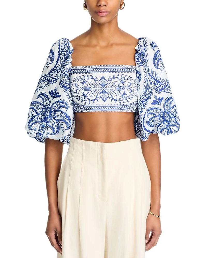 Linen Balloon Sleeve Cropped Top