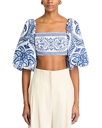 Linen Balloon Sleeve Cropped Top