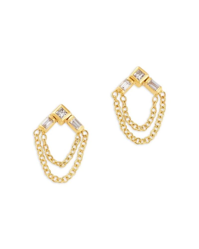 14K Yellow Gold Paris Diamond Princess & Baguette Chain Drop Earrings
