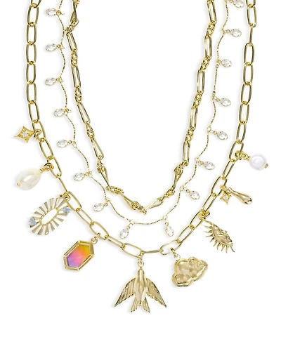 Melody Mixed Charm Layered Statement Necklace in Gold Tone, 15"