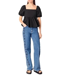 Embroidered Rhinestone High Rise Jeans Blue