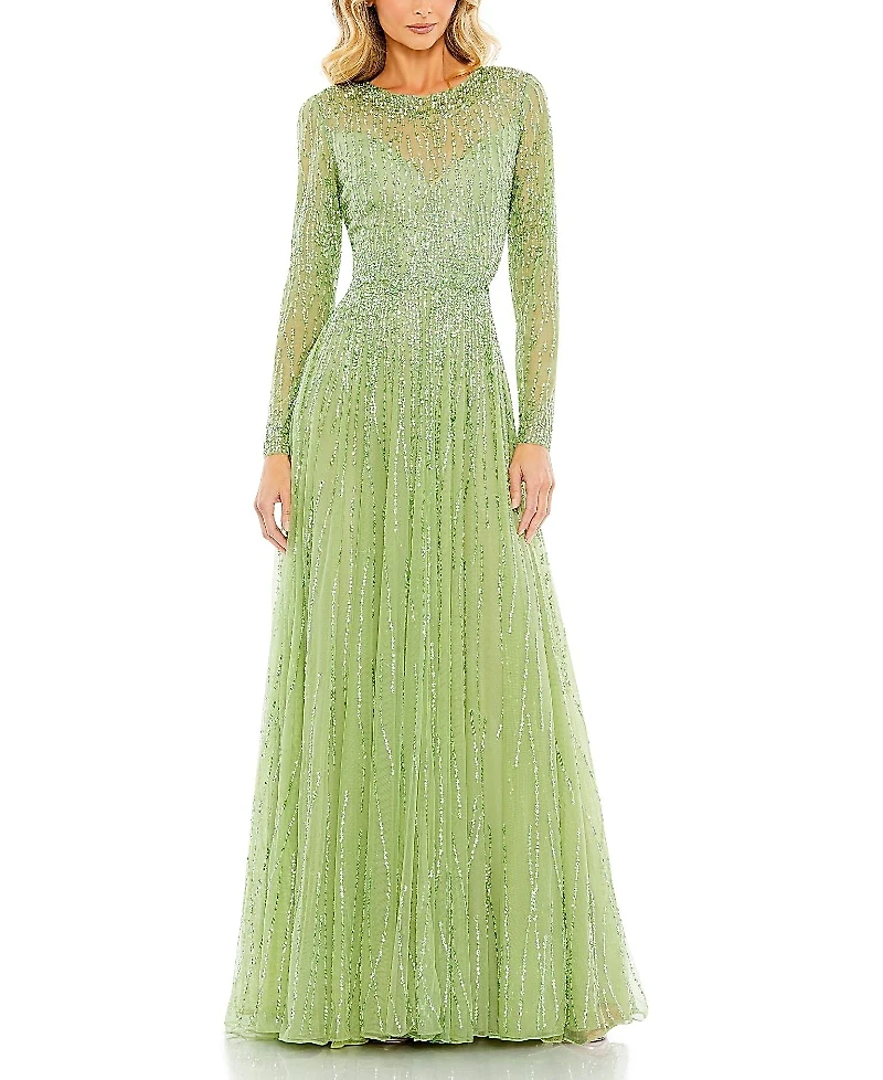 Mac Duggal Sequined Illusion High neck Long Sleeve Gown