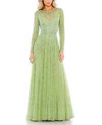 Mac Duggal Sequined Illusion High neck Long Sleeve Gown