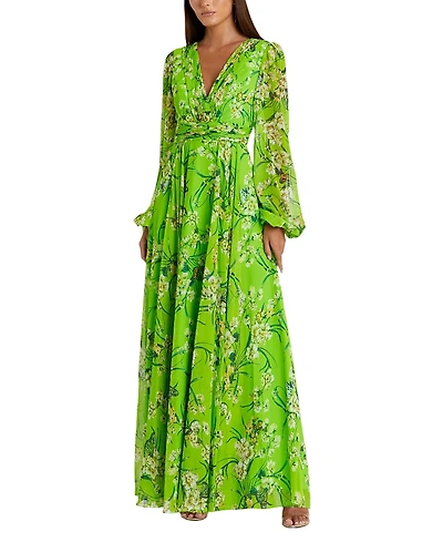 Mac Duggal Puff Sleeve Floral Chiffon Gown