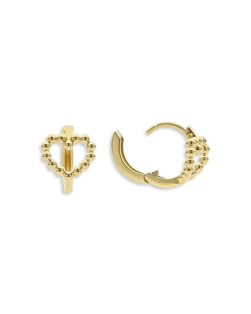 18K Yellow Gold Caviar Gold Beaded Heart Huggie Hoop Earrings