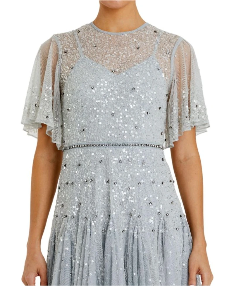 Cape Sleeve Beaded Tea Length A-line Dress