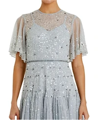 Cape Sleeve Beaded Tea Length A-line Dress