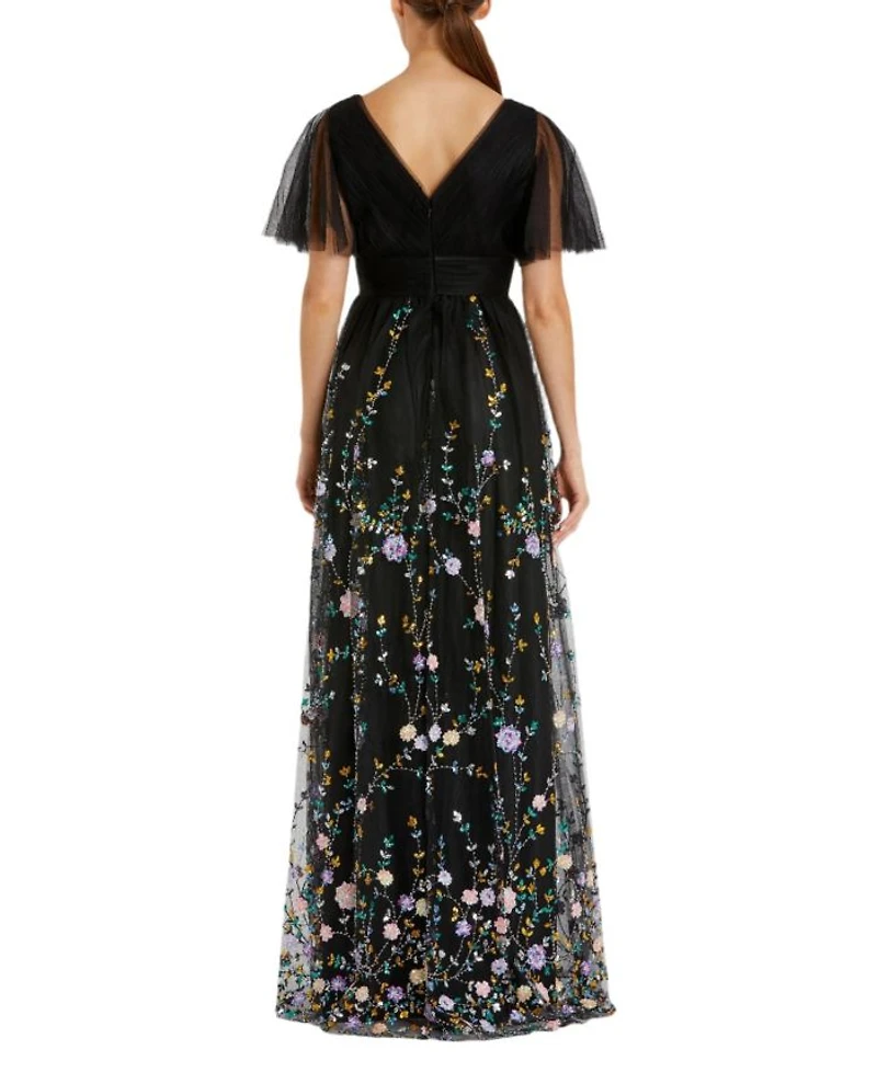 Embellished Illusion Butterfly Sleeve V Neck Gown