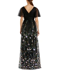 Embellished Illusion Butterfly Sleeve V Neck Gown