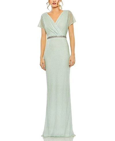 Mac Duggal Short Sleeve Beaded V-Neck Gown