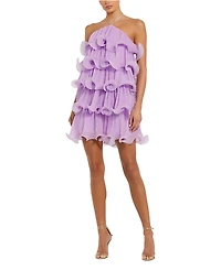 Mac Duggal Crinkle Chiffon Tiered Ruffle Halter Mini Dress