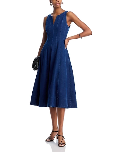 Aqua Denim Panel V Neck Sleeveless Midi Dress - Exclusive