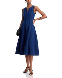 Aqua Denim Panel V Neck Sleeveless Midi Dress - Exclusive