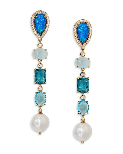 Blue Lagoon Mixed Stone Linear Drop Earrings in 18K Gold Plated