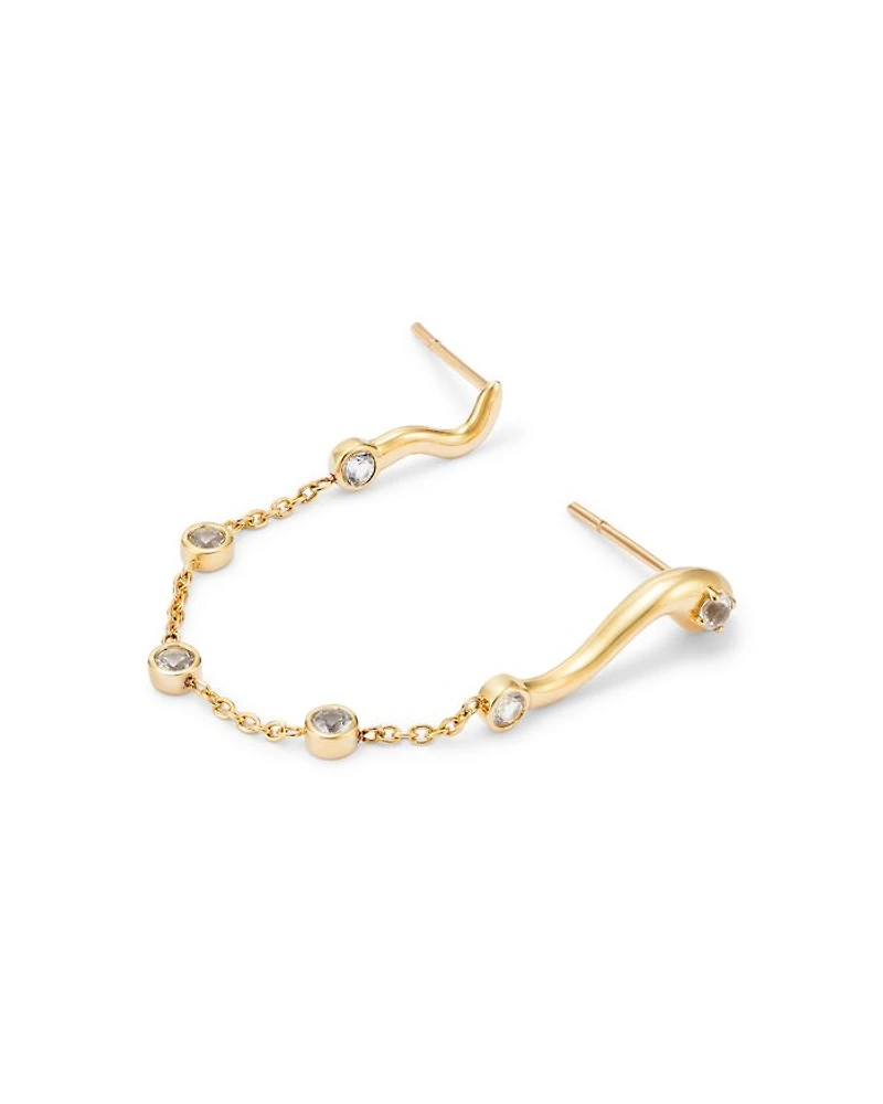 14K Yellow Gold White Topaz Snake Motif Two Stud Chain Earrings