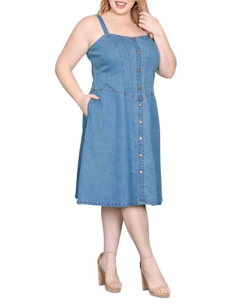 Wide Straps Button Front Denim Dress