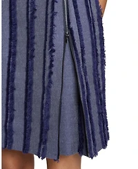 IDA Sleeveless Stripe Fringed Denim Shift Dress with Skirt Zipper Detail