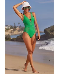 Color Play Crochet Plunge One Piece Swimsuit
