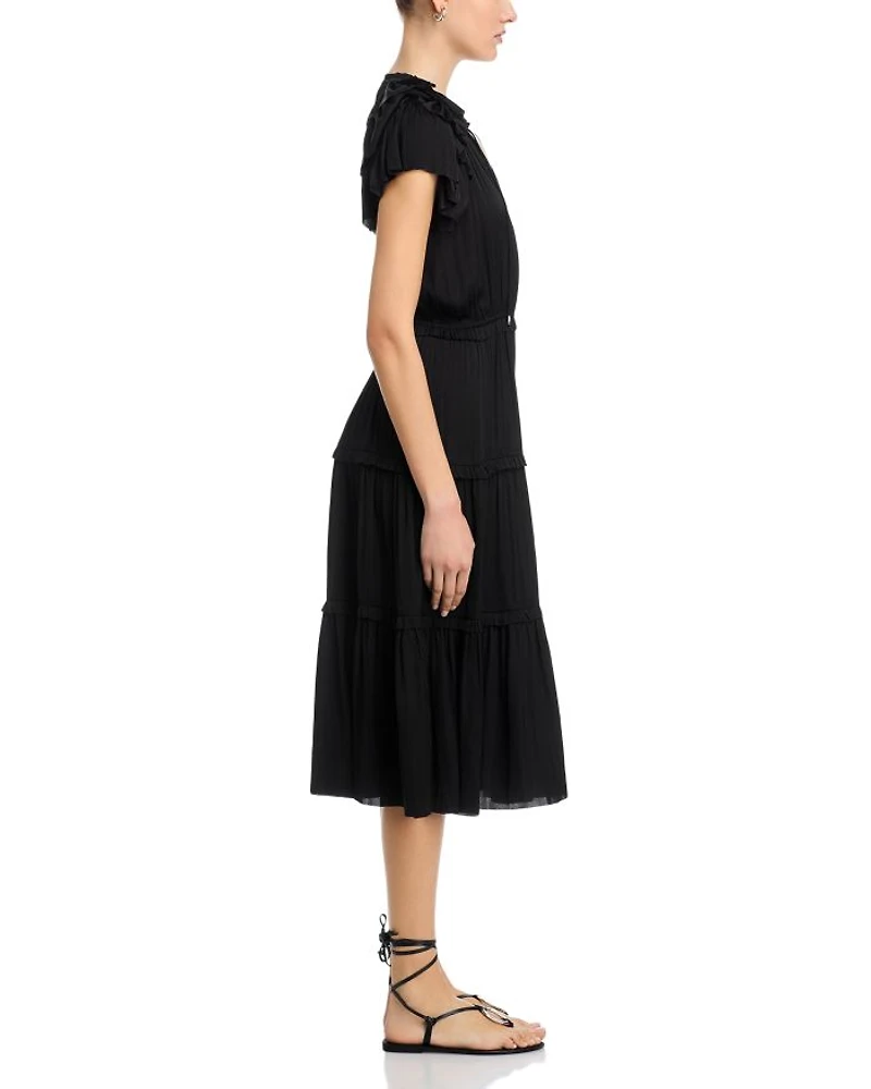 Flutter Sleeve Split Neck Flare Airflow Dress