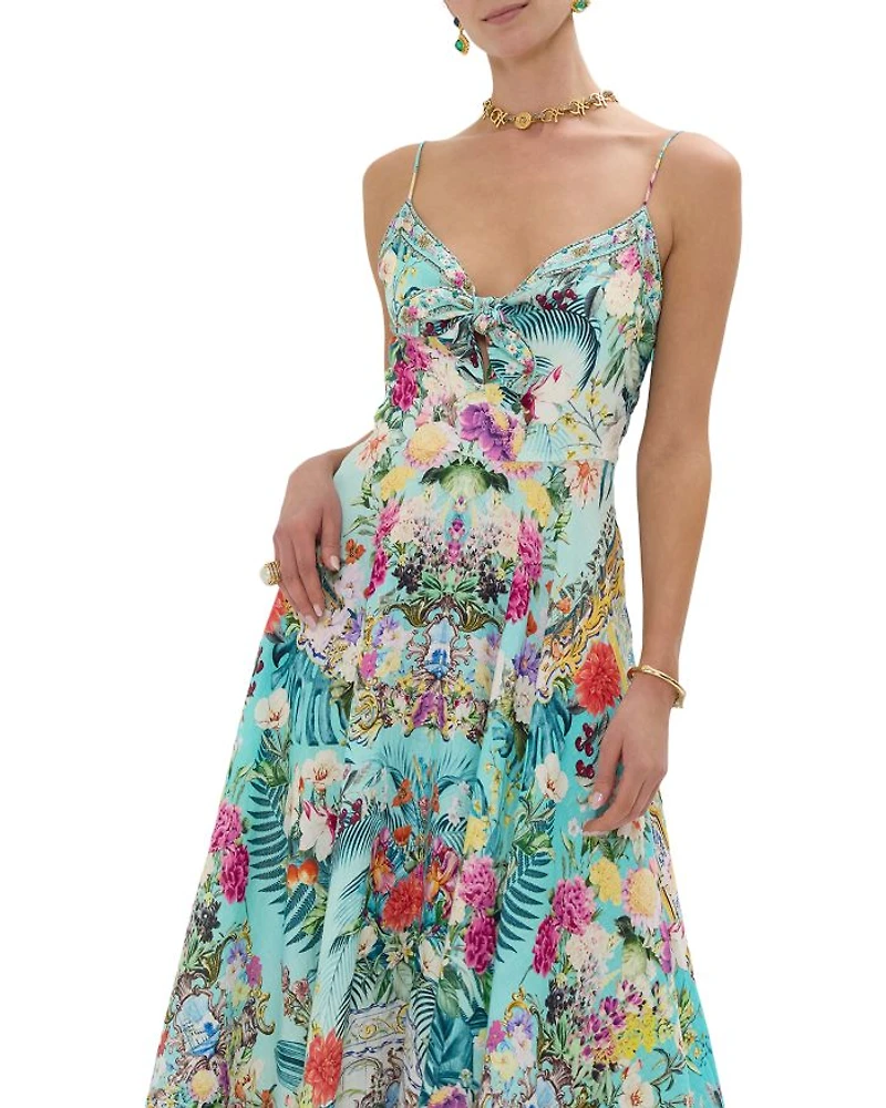 Linen Tie Front Floral Print Dress