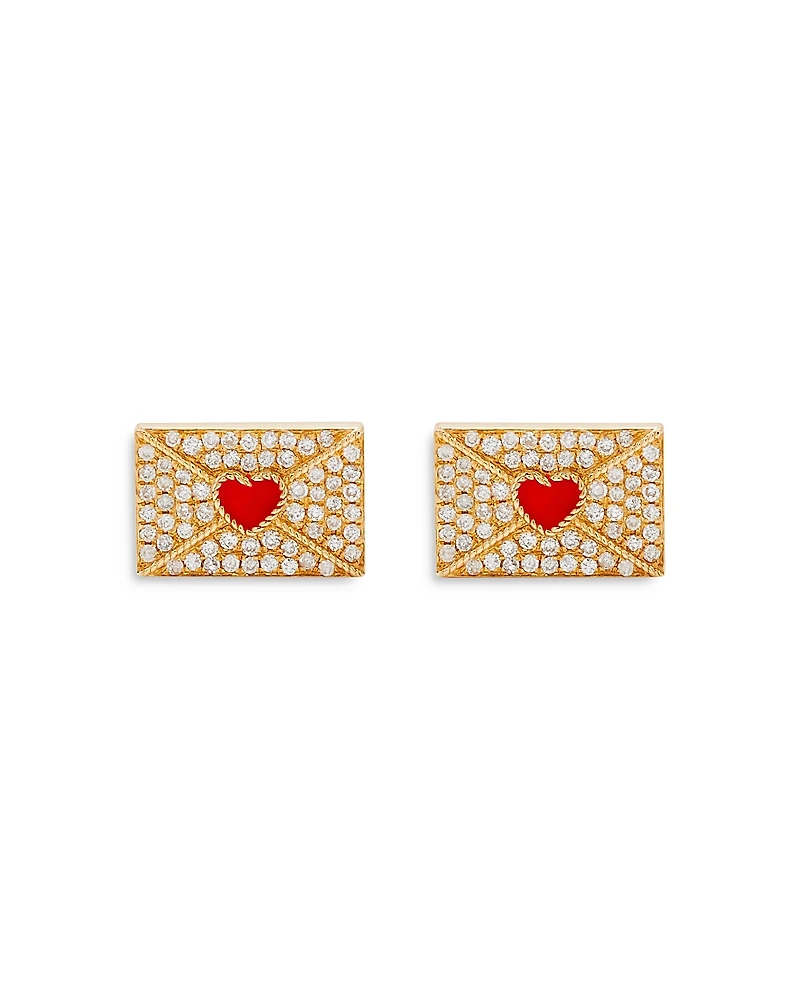 Yvonne Leon 18K Yellow Gold Grey Diamond Heart Envelope Stud Earrings