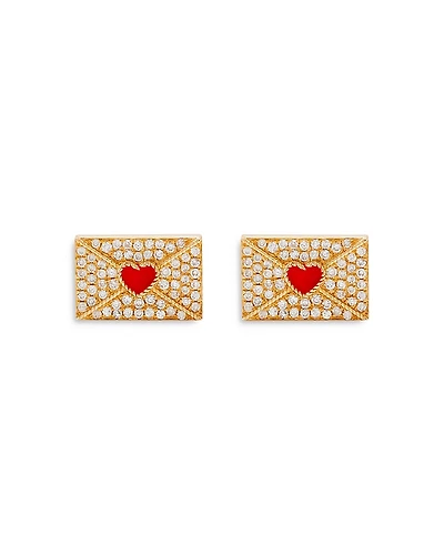 Yvonne Leon 18K Yellow Gold Grey Diamond Heart Envelope Stud Earrings