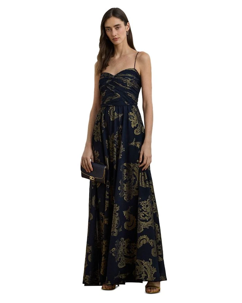 Paisley Foiled Chiffon Sleeveless Gown