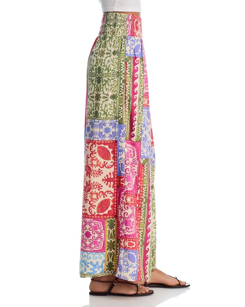Mixed Print Smocked Waist Wide Leg Pants - Exclusive