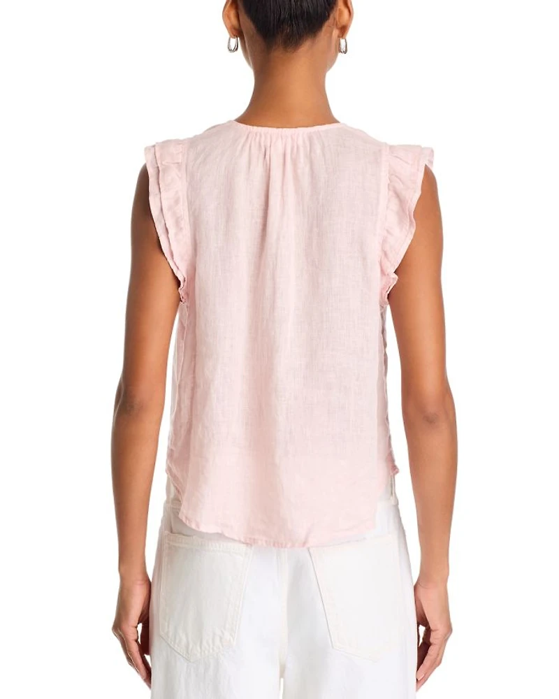 Linen Tie Neck Ruffle Sleeve Top