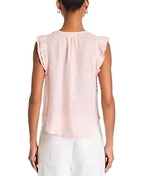 Linen Tie Neck Ruffle Sleeve Top