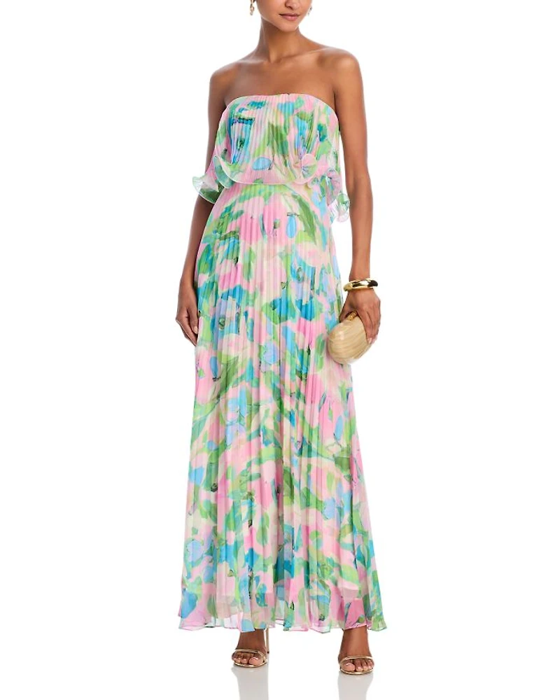 Printed Pleated Strapless Dress - Exclusive