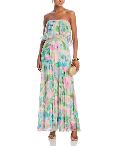 Printed Pleated Strapless Dress - Exclusive