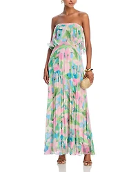 Printed Pleated Strapless Dress - Exclusive