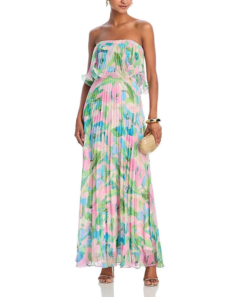 Aqua Printed Pleated Strapless Dress - Exclusive