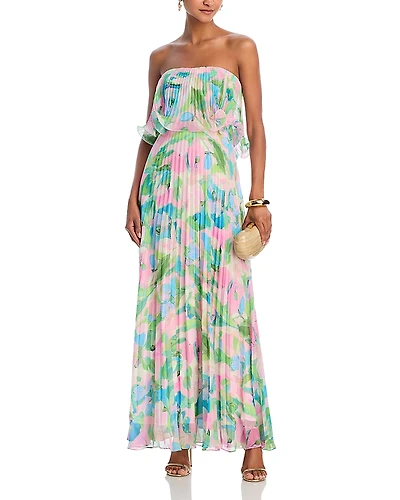 Aqua Printed Pleated Strapless Dress - Exclusive
