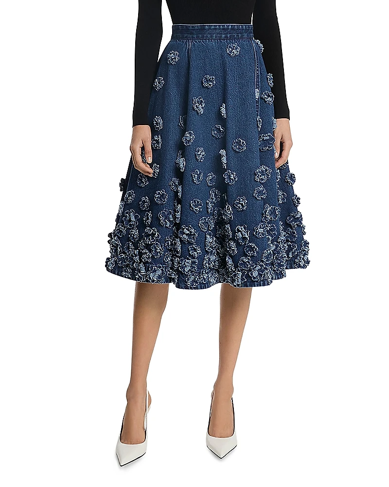 Michael Kors Collection Floral Embroidered Denim Circle Skirt